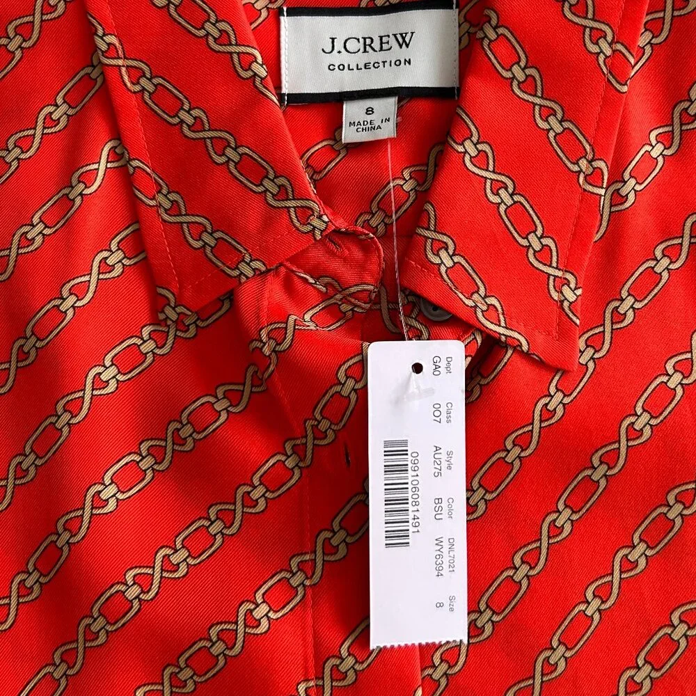 J Crew Collection Red Gold Silk Blouse/Top Gold Chain Link Print NWT size 8 - Picture 5 of 9